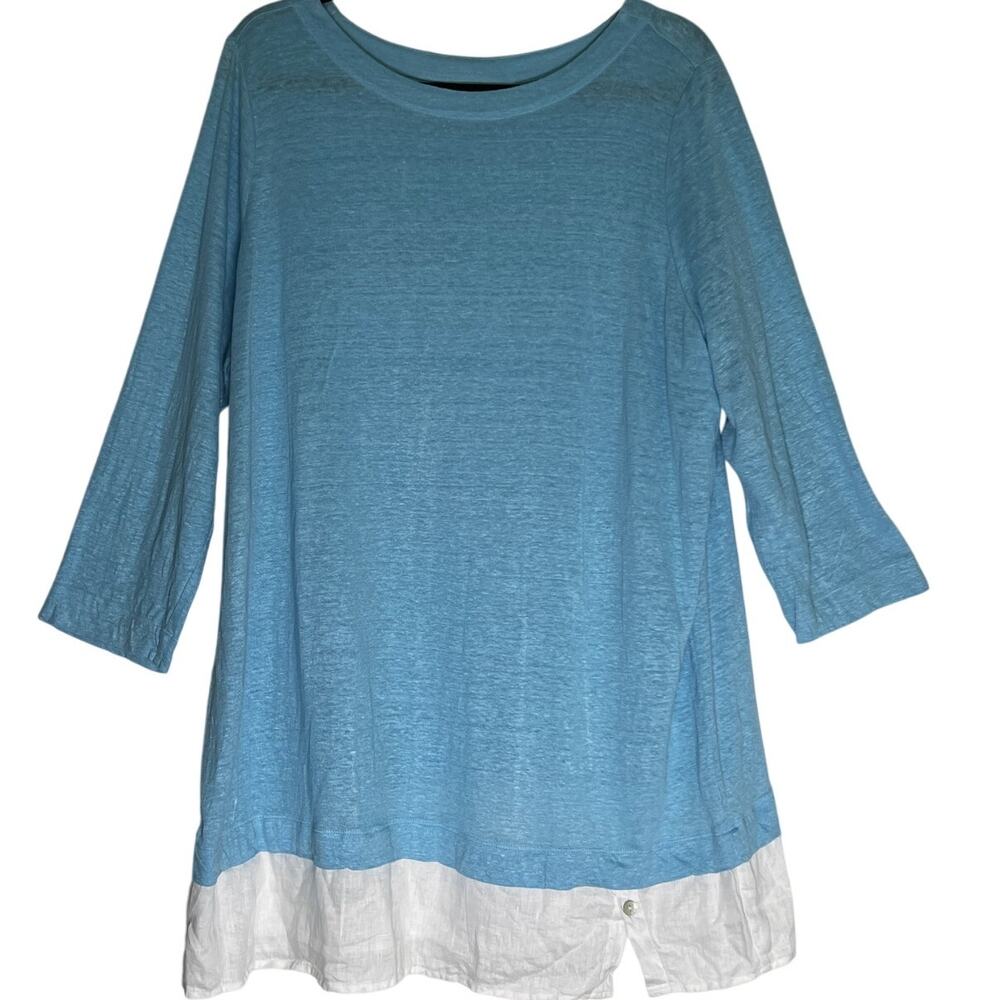 J.Jill Love Linen Tunic Top Womens Sz XL Tall Blue White Layered Hem Bateau Neck